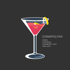 Cosmopolitan red cocktail martini glass lime vector illustration