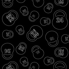 vector illustration of sports equipment called kettlebell drawn in white outline indicating weight on a black background of various sizes in a chaotic manner and at different angles