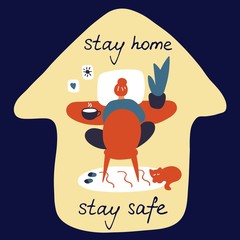 Young female character is working from home. Girl sitting at the computer. Stay home stay safe hand drawn inscription. Work at home, online education, courses. Flat hand drawn graphic