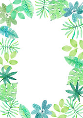 Watercolor frame of colorful tropical leaves. Concept of the jungle for the design of invitations, greeting cards and wallpapers. Hand drawn illustration