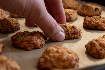 Handmade cookies. oatmeal cookies are taken by hand from the tray