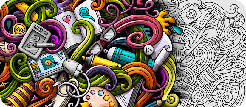 Designer hand drawn doodle banner. Cartoon detailed flyer.