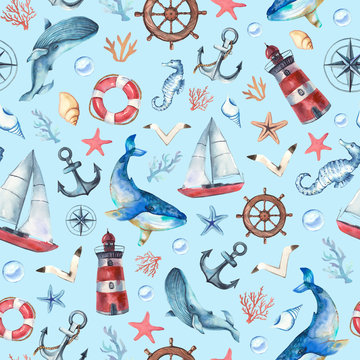 Watercolor hand painted seamless pattern with different whale, lighthouse, anchor, sea stars, gull, sea horse on blue  background. Sea\ ocean pattern. 