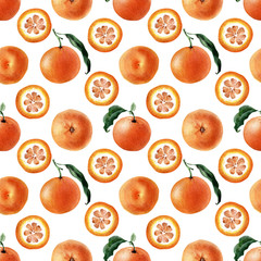 Watercolor seamless pattern of Fruits, twigs and slices of tangerine