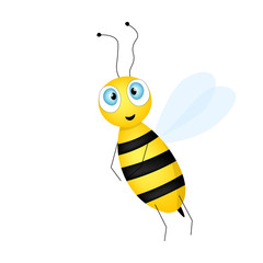Cartoon cute bee mascot. A surprised bee flies. Small wasp. Vector character. Insect icon. Template design for invitation, cards, wallpaper, kindergarten. Doodle style.