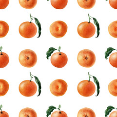 Watercolor seamless pattern of Fruits, twigs and slices of tangerine