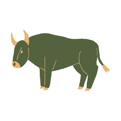 Hand drawn ox isolated on white background. Wild horned animal. Flat style design for print. Chinese ox. Bull silhouette. Stock vector illustration.