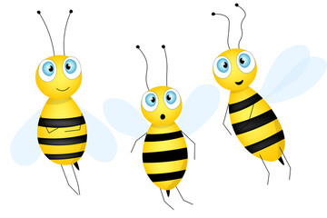 Set of cartoon cute bee mascot. A small bees flies. Wasp collection. Vector character. Insect icon. Template design for invitation, cards, wallpaper, kindergarten. Doodle style.