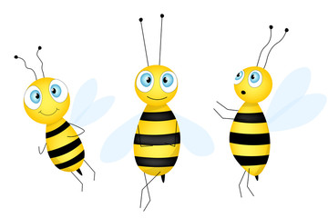 Set of cartoon cute bee mascot. A small bees flies. Wasp collection. Vector character. Insect icon. Template design for invitation, cards, wallpaper, kindergarten. Doodle style.