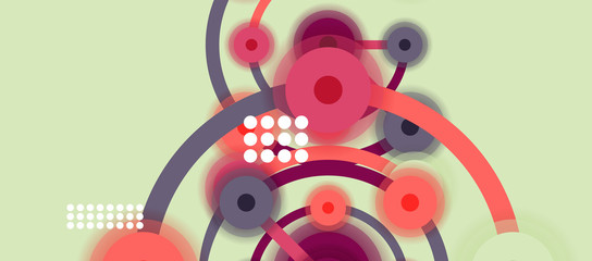 Flat style geometric abstract background, round dots or circle connections on color background. Technology network concept.