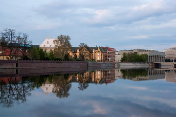 river, water, architecture, city, lake, reflection, house, europe, sky, travel, landscape, building, town, italy, view, blue, old, houses, village, bridge, urban, church, castle, pond, tourism,wroclaw