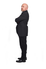 blad man with blazer looking up on white background