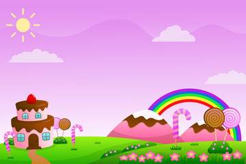 Fototapeta premium Fantasy landscape cartoon illustration with cake house and candies suitable for child background 