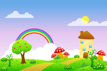 Cute fairy tale landscape vector illustration with old house, rainbow, bright sky, mushroom and others suitable for fantasy background 