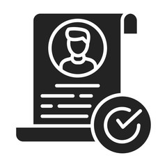 Job application black glyph icon. Approved candidate concept. Document with check mark. Sign for web page, mobile app. Vector isolated object.