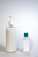 Alcohol Hand Sanitiser, Liquid Hand Wash Bottle Isolated on White Background, Coronavirus, Transparent Spray Bottle, Transparent Pump, Blue Liquid Disinfectant