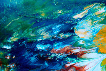 Fototapeta na wymiar Abstract fluid blue green pattern background. Cosmic sea waves, stains of paint, creative liquid art. Colors of the planet earth
