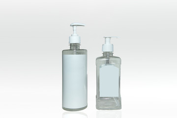 Alcohol Hand Sanitiser, Liquid Hand Wash Bottle Isolated on White Background, Coronavirus, Transparent Spray Bottle, Transparent Pump, Blue Liquid Disinfectant