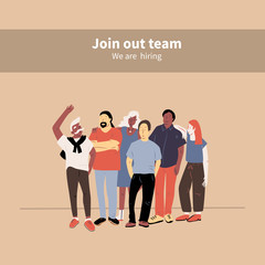 The concept with hiring our team new workers. Flat vector illustration with a group of team workers.