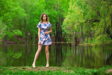 Portrait of a young beautiful woman in blue dress posing by the lake