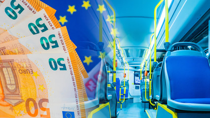 Trip to the European Union. Concept - relocation to European Union. Salon of the bus. Euro bills next to the europe flag. Concept - public transport in the European Union. Tram interior. Underground © Grispb