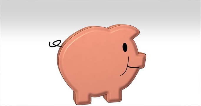 Gold coins fly into happy piggy bank that is getting fatter. Saving money. White Background with Luma-Matte, alpha.