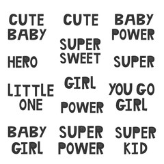 Collection of superhero black and white hand drawn lettering. Vector illustration set.