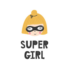 Kids poster with cute ginger girl superhero and hand drawn lettering. Baby nursery wall art. Vector illustration.