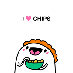 I love chips hand drawn vector illustration in cartoon comic style man happy to eat snacks