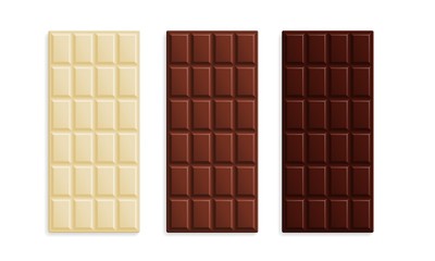 Milk, dark and white chocolate bars set