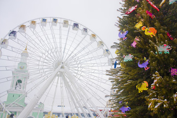 Christmas tree with ethno decorations at Kontraktova Square on Podil in Kyiv, Ukraine