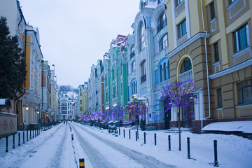 Architecture of Vozdvizhenka district in Old Town of Kiev at winter, Ukraine
