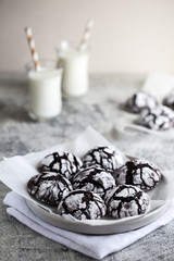 chocolate cookies. homemade chocolate crinkles cookies powdered sugar with milk