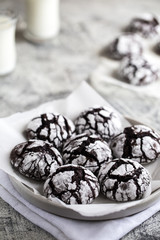 chocolate cookies. homemade chocolate crinkles cookies powdered sugar with milk