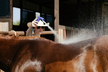 Western farm lifestyle shows woman cowgirl washing horse with hose on hot summer day close up.