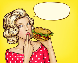 Vector pop art illustration of sexy girl with burger licking finger, isolated on yellow background. Beautiful young woman holding in hand tasty huge hamburger. Fast food advertising concept