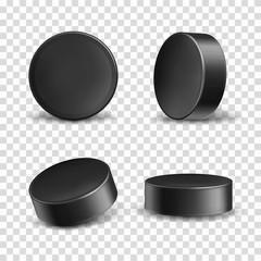 Vector set of 3d realistic black rubber pucks for play ice hockey isolated on transparent background. Hard round disk, sport equipment, inventory for winter team game on skating rink - obrazy, fototapety, plakaty