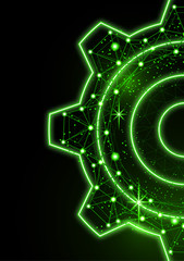 Glowing gear icon with glare effect on a black background with backlight. Grid gear icon shiny polygon mesh frame.