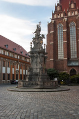 architecture, church, building, landmark, cathedral, europe, statue, old, city, religion, sculpture, travel, tower, history, monument,wroclaw,poland ancient, facade, town, gothic, stone, sky, tourism