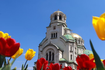 Fototapeta na wymiar Alexander Nevsky Cathedral in Sofia framed by the trees and flowers of surrounding parks, Bulgaria