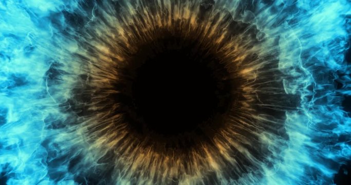 Abstract Color Burst Eye, smoke explosion, twirling mist (fog, smoke). magic, power, electricity, energy, tech, nuclear atom, water droplets. shockwave effect. 3D rendering 4k seamless loop