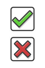 Green check mark and red cross mark in square. Outline. Flat style. 