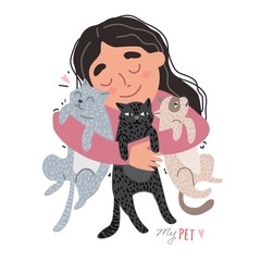 Girl hugging their pets. A girl with cats in her arms