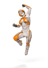 comic woman in a sci fi outfit doing a jump attack