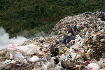 burning plastic trash and rubbish mountain in Myanmar 