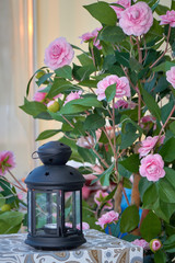 Vintage decorative lantern on a background of flowers, blurred background.
