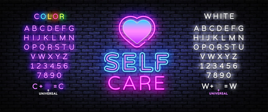 Self Care neon sign vector. Neon Design template, light banner, night signboard, nightly bright advertising, light inscription. Vector illustration. Editing text neon sign