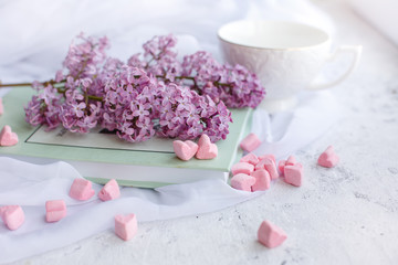 Lay Flat book, the branch of lilac, marshmallow in the shape of a heart. Postcard