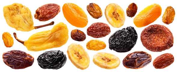 Collection of dried fruits isolated on white background