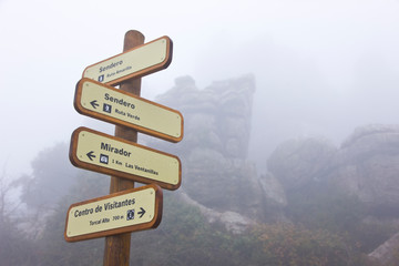 Landscape with fog in the Torcal de Antequera Natural Area. Antequera, Malaga province, in the autonomous community of Andalusia, Spain, Europe